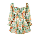 Coachella Music Festival Outfits Floral Women's Sexy Backless Square Collar Long Sleeve Shorts