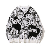 Men Sweater Cartoon Jacquard round Neck Sweater Men Harajuku Style Trendy Brand round Neck Sweater Autumn
