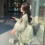 Regency Dress Gentle Floral Skirt Lotus Leaf V-neck High Waist Long Sleeves