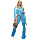 Velour Tracksuit Sexy Letters Embroidery Exposed Navel Bell-Bottom Pants Two-Piece Suit