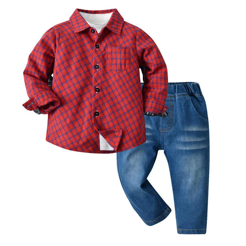 Children Jean Jackets Autumn and Winter White Bottoming Shirt Plaid Autumn Men