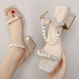 Nude Block Heels Summer High Heel Mid Heel Chunky Heel Sandals