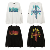 Man Fall Outfits Loose Flame Letter Print Hiphop round Neck Long Sleeve T-shirt