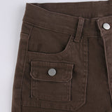 Julia Fox Low Rise Jeans Double-Sided Irregular Pocket Low Waist Slim Fit Bell-Bottom Pants Denim Casual Trousers