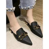 Finn Chain Pointed Toe Mule Spring and Autumn Lazy Pump Half Slippers Low Heel Slippers Mules Shoes