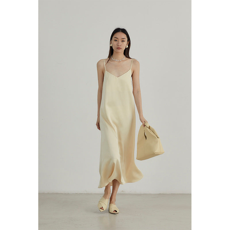 Taffeta Dress Temperament Pure Color Satin Slip Dress