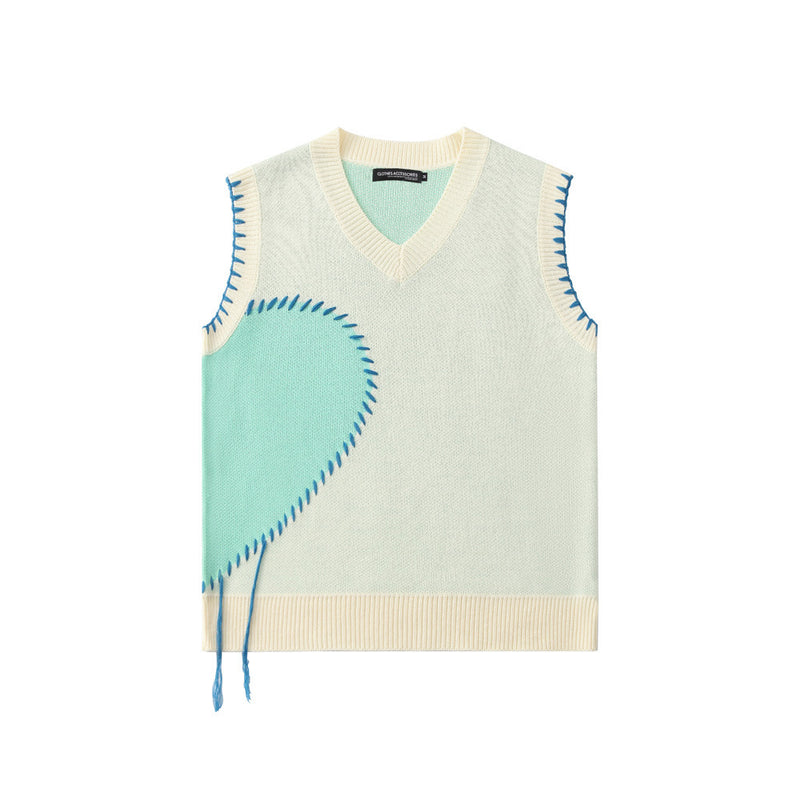 Men Sweater Hand Stitching Color Matching Sweater Waistcoat Men Loose V-neck Sleeveless Sweater Vest Outer Wear