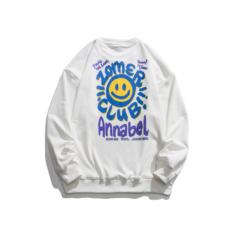 Man Fall Outfis Smiley Face Printed Sweater Couple Casual Pullover