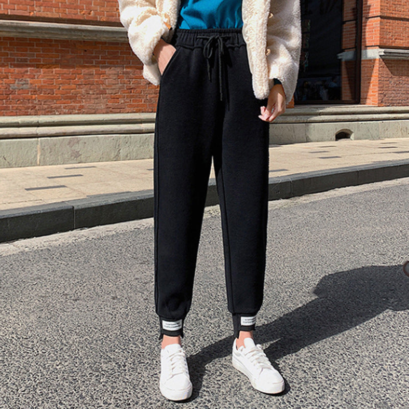 Grey Sweatpants Fleece-Lined Thickened Gray Sports Pants Female Autumn and Winter