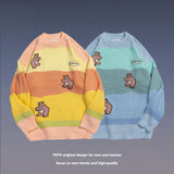 Man Fall Outfits Rainbow Striped Bear Embroidered Sweater Men's Loose Sweater