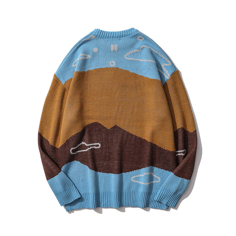 Men Sweater Cartoon Jacquard Color Matching Sweater Men's Trendy Contrast Color Pullover