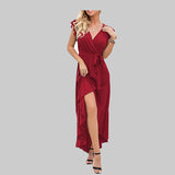 Emerald Green Dress Solid Color Short Sleeve Split Long Dress
