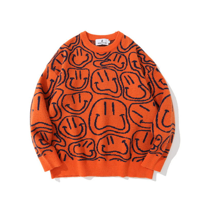 Men Sweater Smiling Face Jacquard Knitted Sweater Men's Pullover Long Sleeve