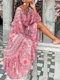 Gypsy Girl Outfits Sexy V-neck Printed Long Sleeve Bohemian Style Large Swing Dress for Women