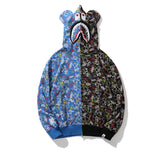 Bape Bearbrick Hoodie Blue And Black Camouflage Stitching Shark Zipper Hooded Ear Sweater