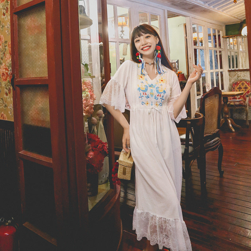 Coachella Music Festival Outfits Embroidery Flower Lace Stitching Cotton and Linen Holiday Tourism Dress