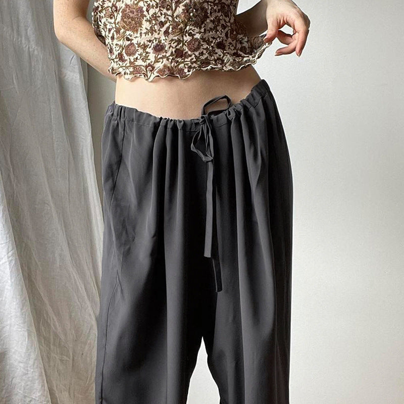 Julia Fox Low Rise Jeans Draping Comfortable Fabric Loose Wide Leg Pants Elastic Waistband Lace-up Mop Pants