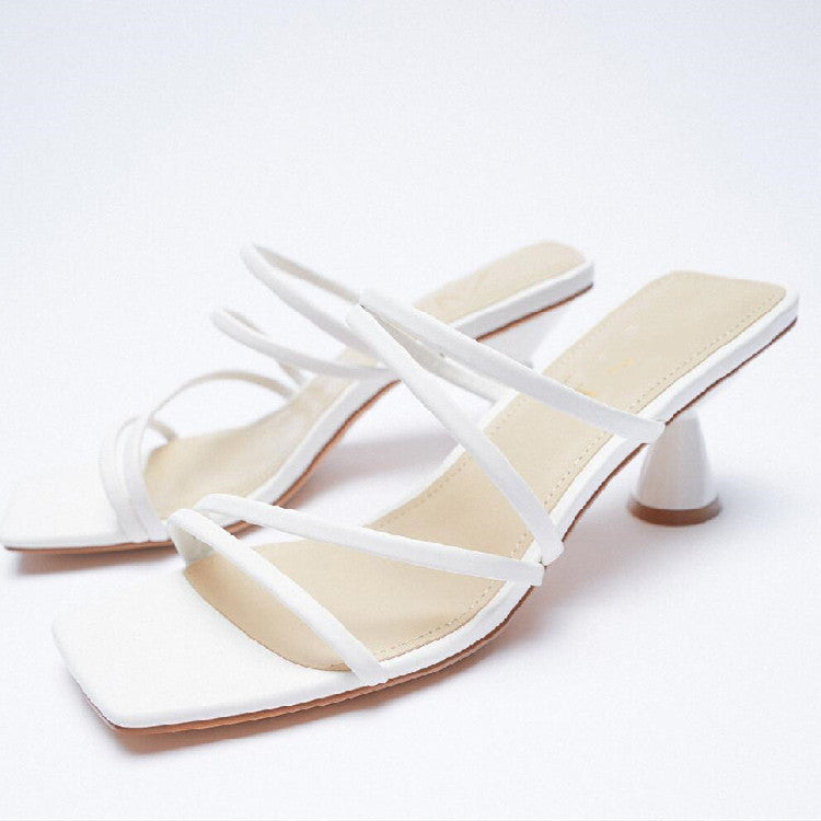White Strappy Heels Summer Limited Thin Strap Sandals Wine Cup Heel Outdoor Slippers