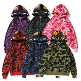 Bathing Ape Autumn and Winter Men's and Women's Pure Cotton Shark Head 3D Camouflage Printing Brushed Hoody Hoodie