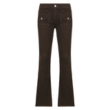 Julia Fox Low Rise Jeans Double-Sided Irregular Pocket Low Waist Slim Fit Bell-Bottom Pants Denim Casual Trousers