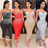 Skin Tight Long Dresses See-through Rhinestone Strap Dress