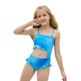 Children Swimsuit Blue Corduroy Suspenders Open Back Swimsuit Girl