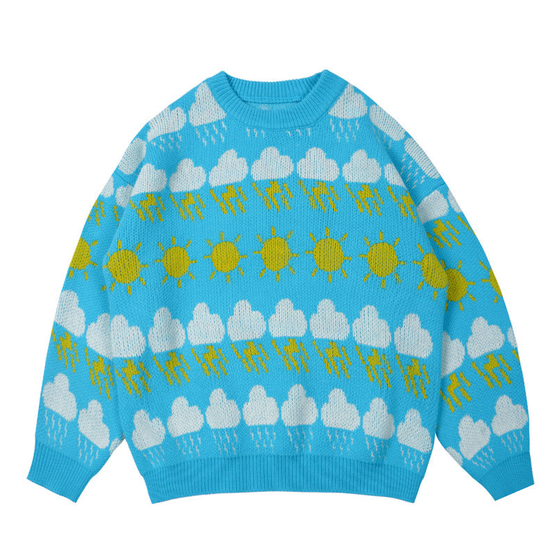 Man Fall Outfits Vintage Clouds Pattern Crew Neck Pullover Sweater Men and Women Autumn and Winter Leisure