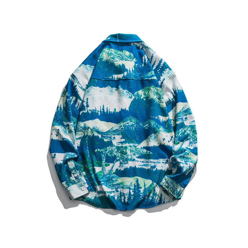 Man Fall Outfis Autumn Creative Printing Long Sleeve Shirt Boys Loose Oversize Outerwear Shirt