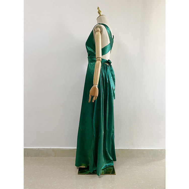 Emerald Green Dress V-neck Backless Solid Color Party Dress