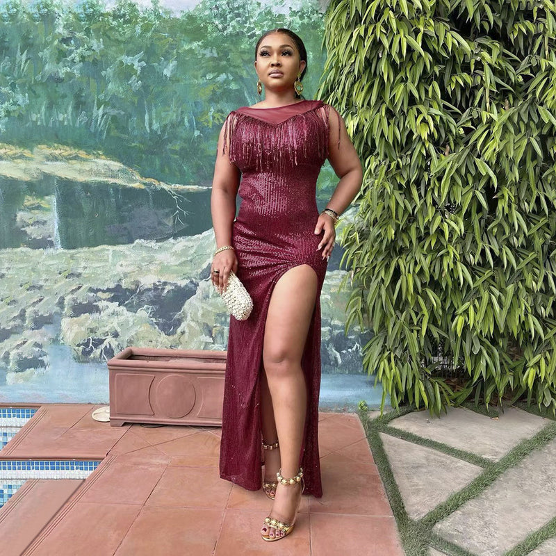 African Dashiki Dress Evening Dress plus Size Sequined Slit Dress