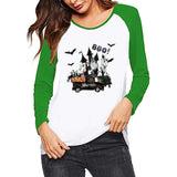 Halloween Costumes Pattern Printed Raglan Color Contrast Long Sleeve T-shirt Women