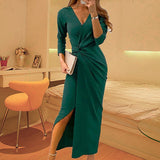 MIDI Mauve Cocktail Dress Autumn V-neck Long Sleeve Split Dress Evening Dress