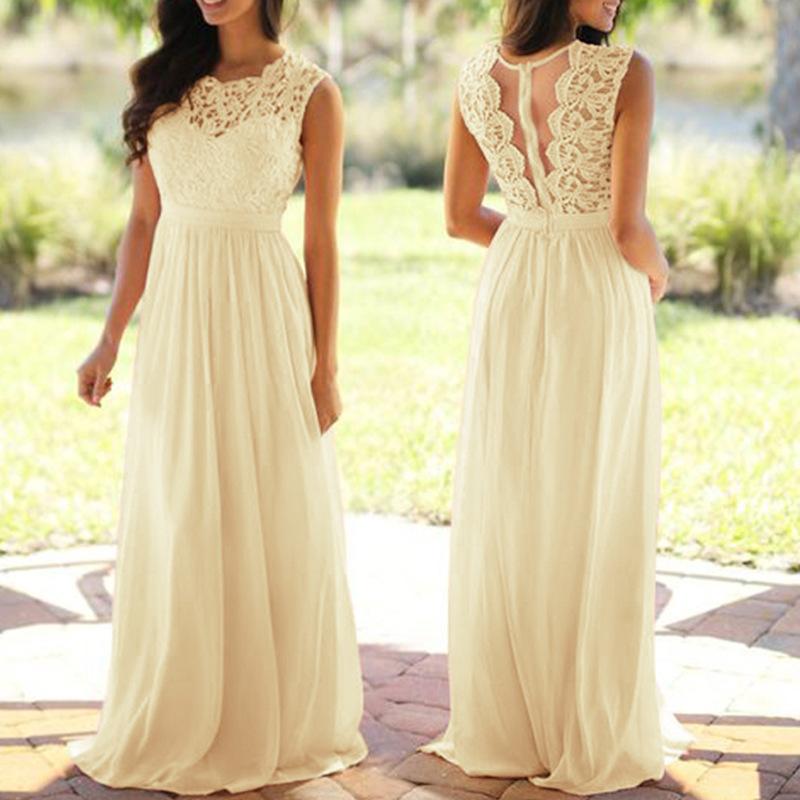 Women Lace Wedding Dress round Neck Lace Chiffon Dress Large Swing Dress Gown