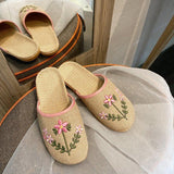 Women Open Toe Sandals Flats Large Size Summer Embroidered Linen Leisure Home Flat Slippers