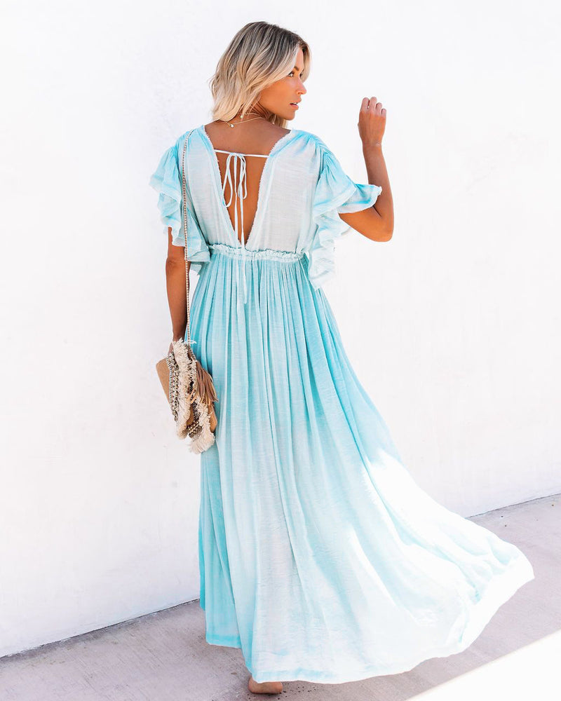 Emerald Green Dress Beach Cover-up Slubbed Fabric Button Draw Waist Strap