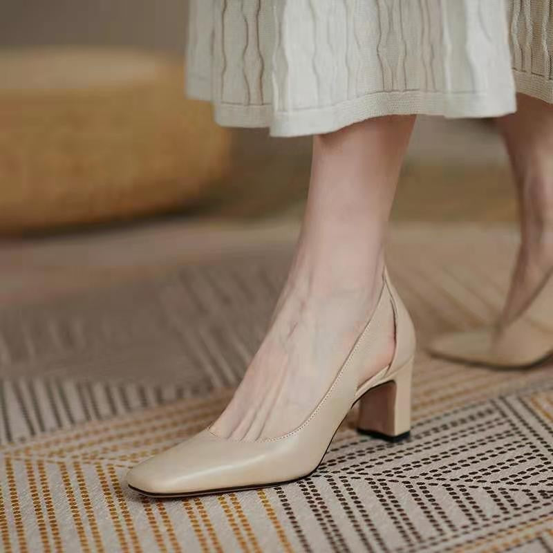 Nude Block Heels Retro Shoes Spring Women's Chunky Heels High Heels