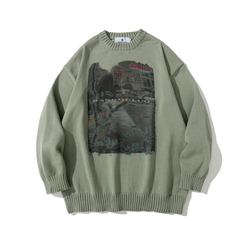 Men Sweater Character Printed Sweater Men's Loose round Neck Sweater Trendy Pullover