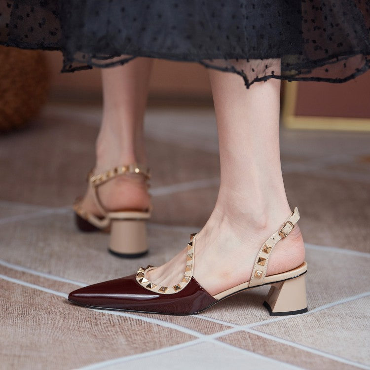 Nude Low Block Heel Rivet Patent Leather Mid Heel Sexy Pointed Toe