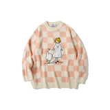 Man Fall Outfits Color Matching Plaid round Neck Sweater Men's and Women's Loose Couple Pullover Sweater