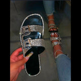 Women Open Toe Sandals Flats Summer Rhinestone Square Heel Sandals Low Heel Beach Shoes
