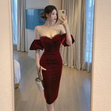 Blue Velvet Dress Sexy Puff Sleeve Back Slit Sheath Tube Top