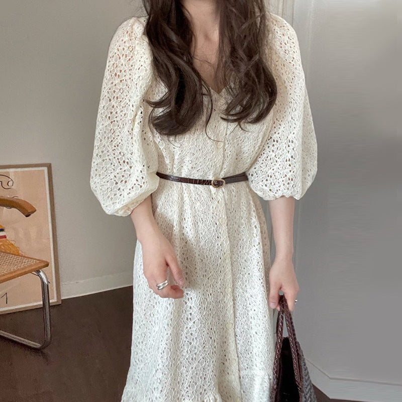 Regency Dress V-neck Single Breasted Lace Crochet Puff Sleeve Lotus Leaf