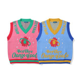 Men Sweater Flower Jacquard Color Matching Sleeveless Sweater Vest Men