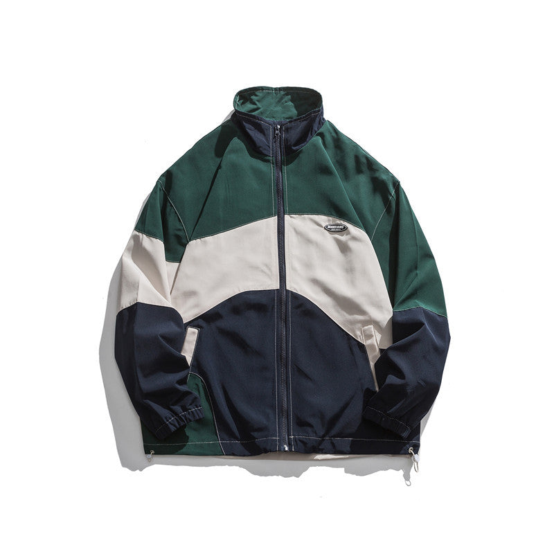Man Fall Outfis Vintage Color Contrast Patchwork Sports Jacket Loose Casual Stand Collar Coat