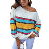 Women's Pullover Knit Sweater Autumn and Winter Clothing Women's Contrast Color Rainbow Striped Sweater