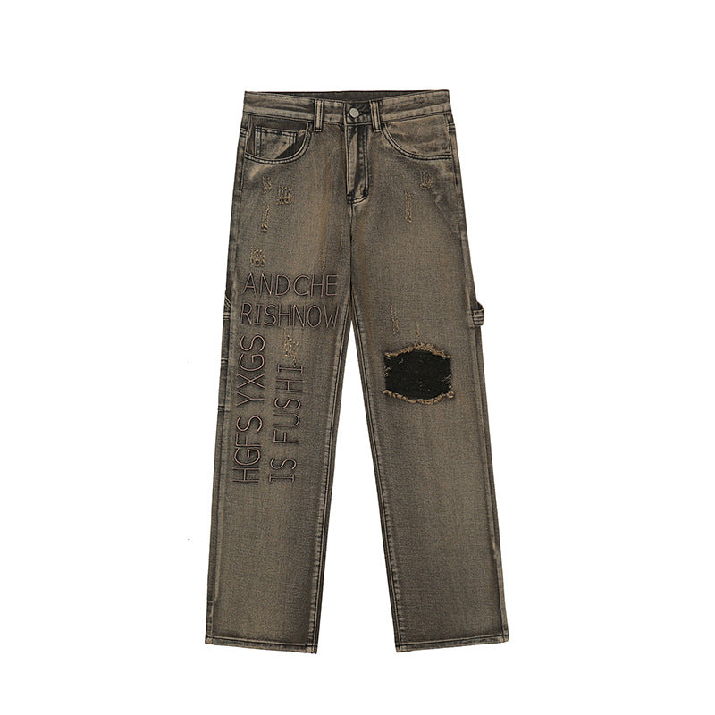 Man Fall Outfits Vintage Letter Embroidered Straight Jeans Men Loose Casual Trousers