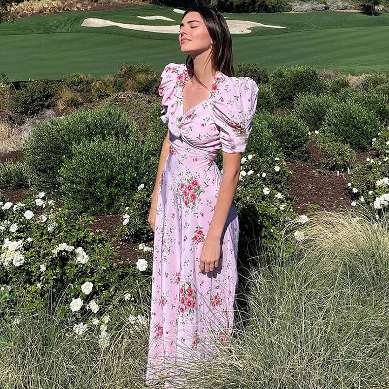 Kendall Jenner Wedding Guest Dress Puff Sleeve Lady Floral Formal Dress Hepburn Style