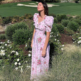 Kendall Jenner Wedding Guest Dress Puff Sleeve Lady Floral Formal Dress Hepburn Style