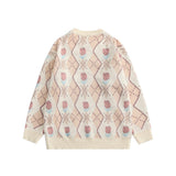 Men Sweater Rhombus Contrasting Color Jacquard Knitwear Men Loose round Neck Sweater