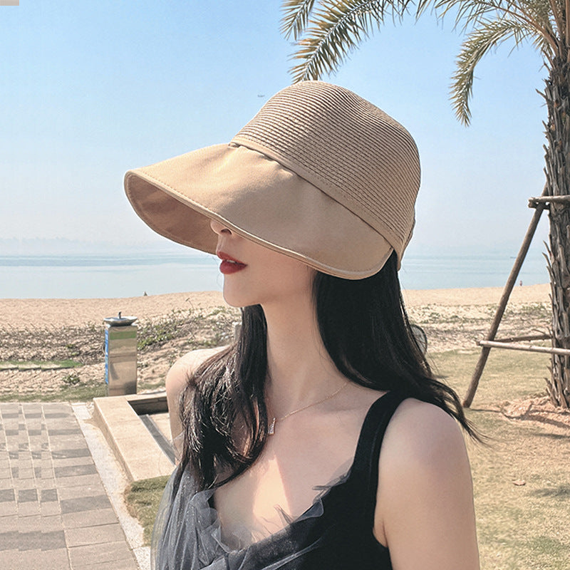 Women Bucket Hat Straw Hat Splicing Sun Protection Hat